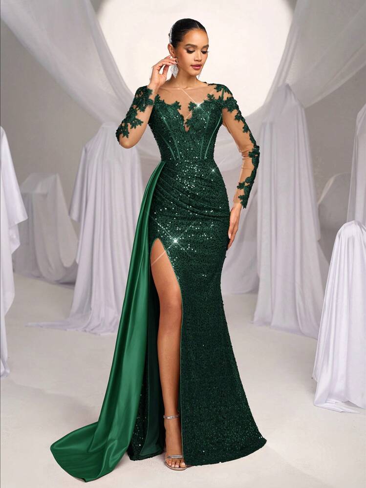 Glamrae Elegante y lujoso vestido de satén maxi con abertura, cola de pez y tren, bordado con encaje y lentejuelas, adecuado para bodas, fiestas, vacaciones, galas y ocasiones especiales (muy adornado), vestido formal, de fiesta, de noche, para invitada de boda en color verde, para el Día de San Valentín - Verde Oscuro - Añade 2