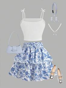 2pcs Teenage Summer Vacation Set - White Pleated Camisole Top & Blue Printed Mini Skirt
