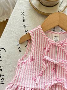 SHEIN LMoss Kids 女婴可爱夏季粉色和白色条纹蝴蝶结无袖上衣和松紧腰短裤套装 - 粉色 - 查看 6