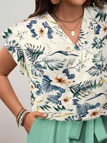 SHEIN LUNE 大码女式两件套：碎花盖袖上衣搭配蝴蝶结和纯色阔腿裤 夏季波西米亚风复古女士夏季服装 春假狂欢服装 节日春假服装 休闲优雅碎花度假服装 女士复活节连衣裙 复活节服装女士 - 淺藍色 - 查看 3