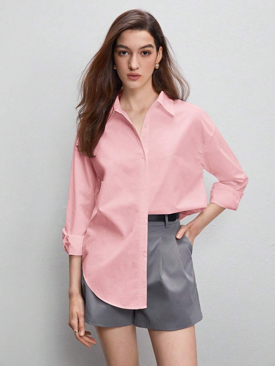 BizChic 女士纯色翻领长袖清爽衬衫,基本款都市通勤风格,简约优雅时尚商务休闲,适合教师和办公室穿着 - 粉色 - 查看 1