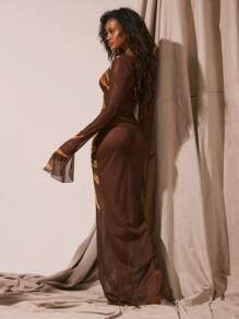 Musera Resort 极致镂空印花修身长袖连衣裙罩衫，春夏度假性感波西米亚风伊比沙岛音乐节海滩泳装派对优雅假日长裙 - 彩色 - 查看 3