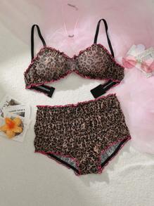 PetitDoll 2pcs Fierce & Sweet Hot Girl Leopard Print Color Block Ruffle Women Lingerie Set - Coffee Brown - View 6