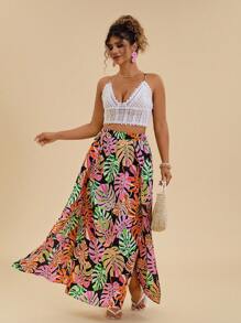 Travachic Conjunto de 2 piezas de top crop sin espalda con lazo y estampado tropical de plantas coloridas + falda larga de verano para mujer talla grande