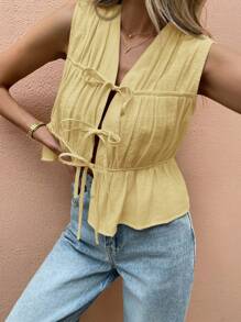 SHEIN Frenchy 女士无袖纯色衬衫，时尚夏装 - 黃色 - 查看 7