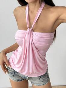SHEIN EZwear Casual Solid Color Gathered Strap Camisole Top, Summer Off The Shoulder Top - Baby Pink - View 4