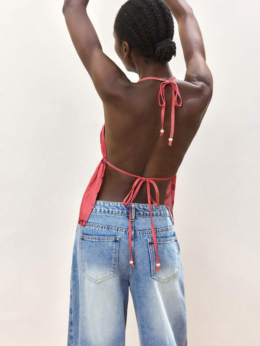 Maija Camiseta sin espalda con cuello halter de color rosa para mujer, casual, para vacaciones de verano, con diseño de estampado de moda - Rosa - Ver 1