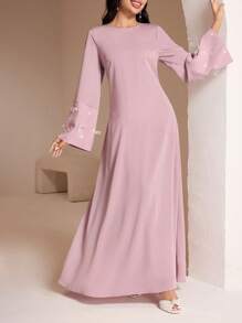 Veilorie Women's Elegant Beaded Bow Decorated Arabian Style Dress, Modest - Pink - View 3