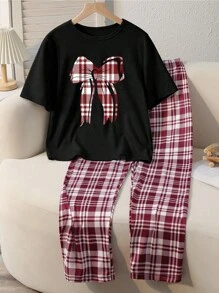 青少年女孩睡衣套装 - 黑色针织圆领上衣，蝴蝶结装饰，全身格子印花裤，舒适的两件套睡衣 - 黑色 - 查看 3