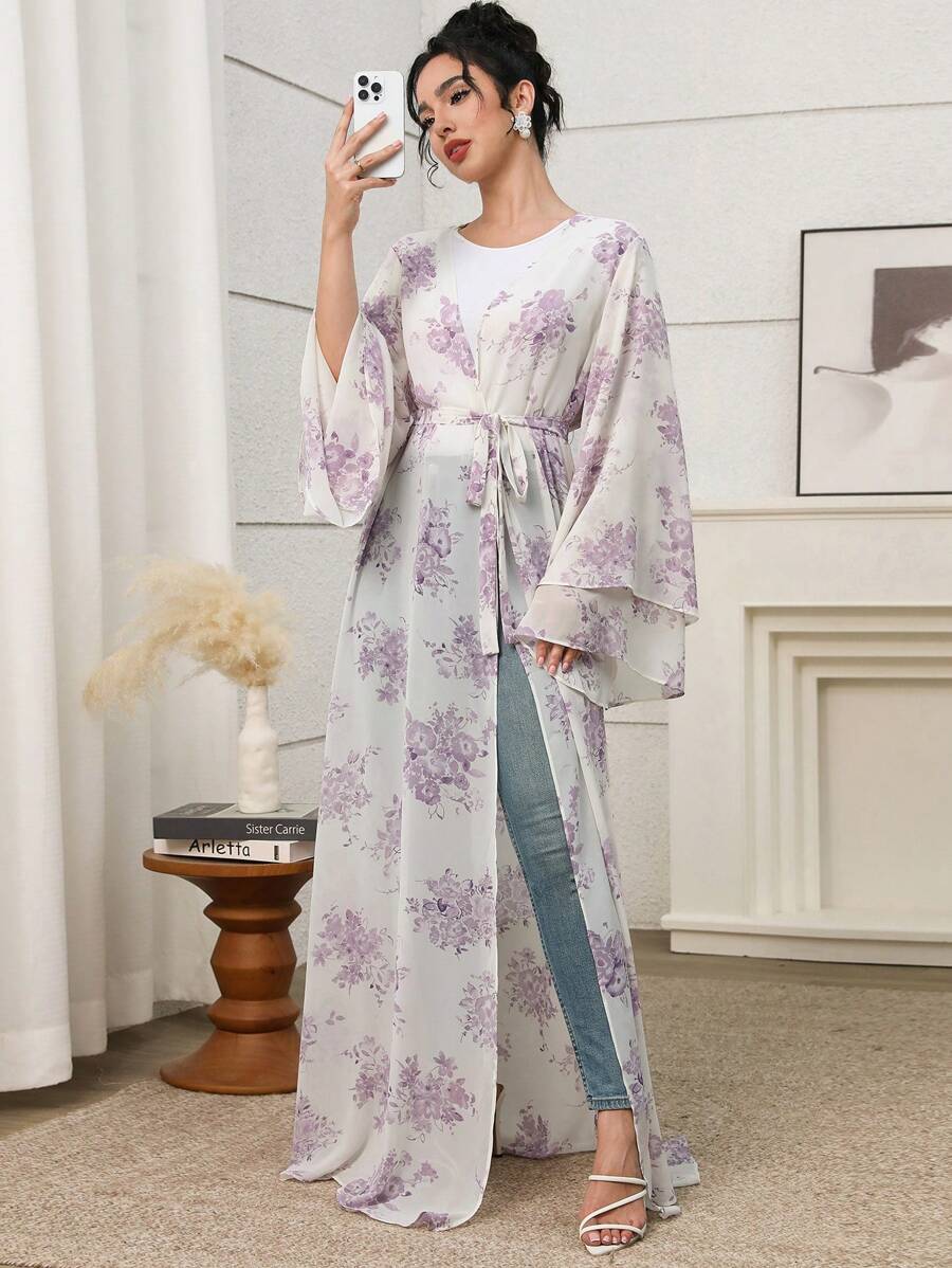 Yasmyna Women's Elegant Floral Print Loose Long Sleeve Side-Slit Abaya, Modest Robe