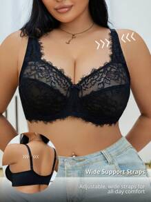 SHEIN Elegant Plus Size Black Lace Sheer Unlined Full Coverage Bra With Wide Support Straps For Women - Black - View 1