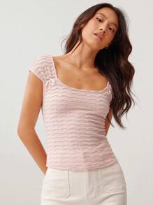 WESTFADE Top a maniche corte aderente con scollo a barca, con fiocco sul davanti, in maglia texturizzata, stile cowgirl, adatto per una vacanza estiva a Nashville