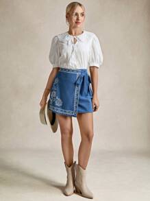 Wildy Women's Teacher Back To School Vintage Modest Cute Old Money Resort Floral Embroidered Side Tie Casual Skort - Dusty Blue - View 9