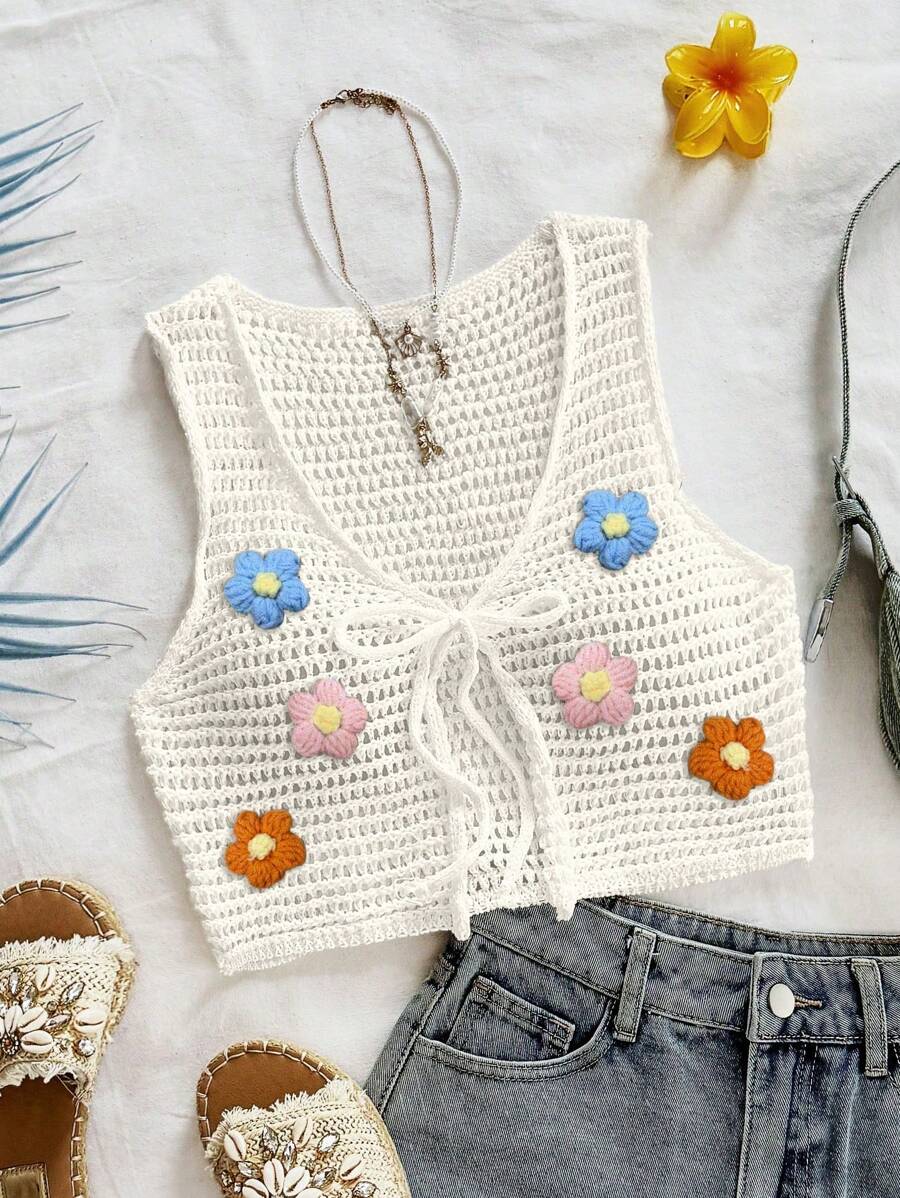 Soleia Women's Casual Vacation Floral 3D Decor Tie-Front Knit Cardigan, Suitable For Summer Holidays - White - View 1