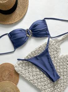 Swim Mod Springbreak Women's Solid Color Strapless Tie Front Metal Decor Sexy Bikini Set, Summer - Navy Blue - View 3