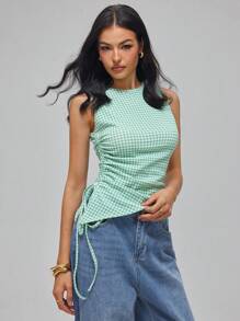 Elin Vora Top asimétrico de tirantes con fruncido y cordón para adelgazar, verano para mujer - Verde - Ver 7