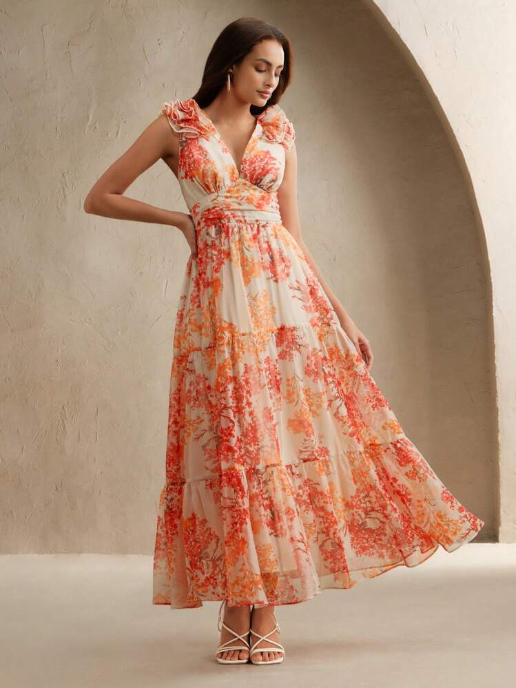 Anewsta Vestido maxi de mujer con cuello en V profundo, sin mangas, de gasa de alta gama con estampado de hojas de arce retro, bajo con volantes, silueta estilizadora de la cintura, nueva llegada del verano 2025 - Naranja Coral - Añade 4