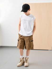 SHEIN Tween Boy 宽松休闲宽肩字母印花背心和短裤两件套，夏季服装 - 綠色 - 查看 9