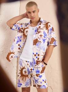 Manfinity VCAY Bộ 2 áo sơ mi tay ngắn cổ bẻ in kỹ thuật số dáng rộng cho nam và quần short, có nhiều kích cỡ - Nhiều màu - Xem 1