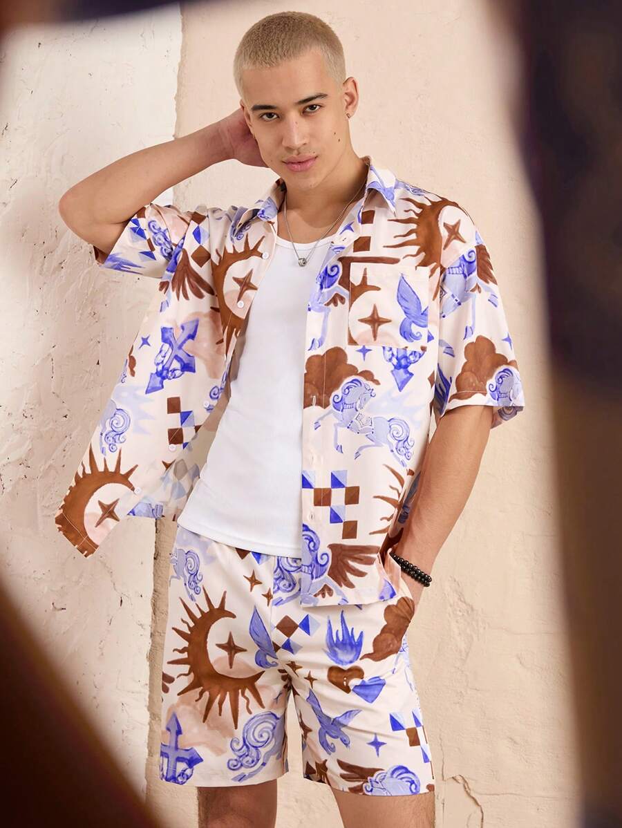 Manfinity VCAY Bộ 2 áo sơ mi tay ngắn cổ bẻ in kỹ thuật số dáng rộng cho nam và quần short, có nhiều kích cỡ - Nhiều màu - Xem 1