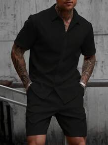 Manfinity CasualCool 男士休闲纯色衬衫和短裤套装，百搭 - 黑色 - 查看 1