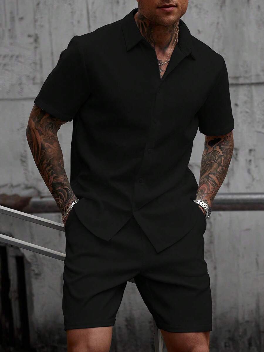 Manfinity CasualCool 男士休闲纯色衬衫和短裤套装，百搭 - 黑色 - 查看 1