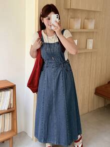 Dazy Plus Dark Washed Denim Pinafore Dress, Suitable For Spring, Summer, And Year-Round Layering