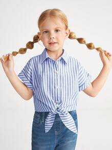 SHEIN Bluză casual cu cravată în dungi raglan supradimensionată pentru fete tinere