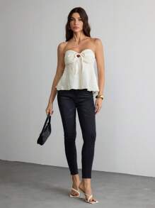 SHEIN Tall Blusa de mujer de unicolor con hombros descubiertos, lazo delantero y volantes texturados, atuendo para conciertos, festivales rave y música country de verano