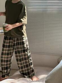 Dazy Kids Tween Boys Knit Round Neck Short Sleeve T-Shirt + Plaid Long Pants Homewear Set, Spring/Summer,Back To School Clothes - Dark Green - View 4