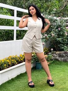SHEIN EZwear Casual Apricot Vest & Shorts Plus Size Suit - Apricot - View 5
