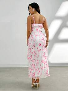 Firerie Romantisches Kleid mit Blume Muster in Große Größen für Herren, asymmetrisches Rüschenkleid, langes Trägerkleid, rosa Blumenkleid, geeignet für Valentinstag, Musikkonzerte, Aufführungen, Dates, Partys, Hochzeiten, sexy, elegant, fließendes Kleid, Sommerkleider für Frauen