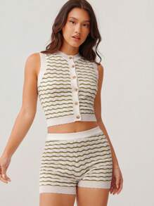 WESTFADE Summer Striped Knit Jacquard Crewneck Button Front Sleeveless Top & High Rise Elastic Waist Fitted Short Women Two Pieces Matching Set Summer Nashville Rodeo Western Vacation Outfit - Multicolor - View 4
