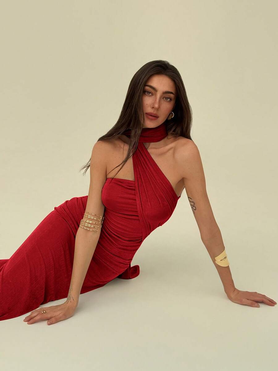 Aloruh Elegant One-Shoulder Flowy Ruched Sparkling Long Straight Dress For Formal Events Red - Burgundy - View 1