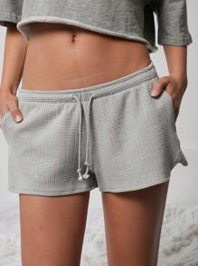 WESTFADE Cute Mid Rise Tie Front Textured Knit Lounge Shorts - Grey - View 4