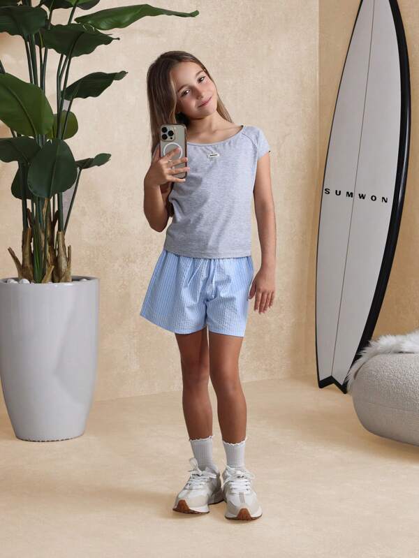 SUMWON Camiseta básica de cuello de barco para niñas Sumwon, de manga corta, de algodón mezclado, informal de verano, esencial para uso diario, ideal para baile y entrenamiento atlético