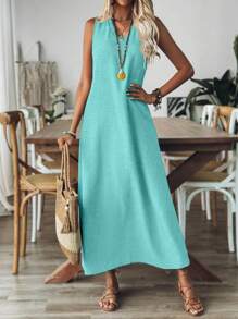 Breezaya 女式 V 领无袖纯色休闲宽松舒适连衣裙长款女装