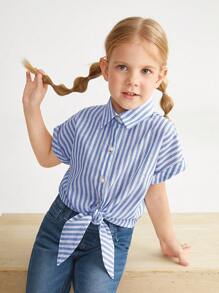 SHEIN Bluză casual cu cravată în dungi raglan supradimensionată pentru fete tinere