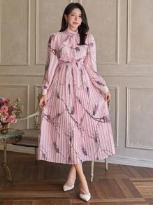 DAZY Vestido plisado de manga farol con estampado floral elegante, vestido de manga larga para primavera/otoño - Rosa - Ver 4