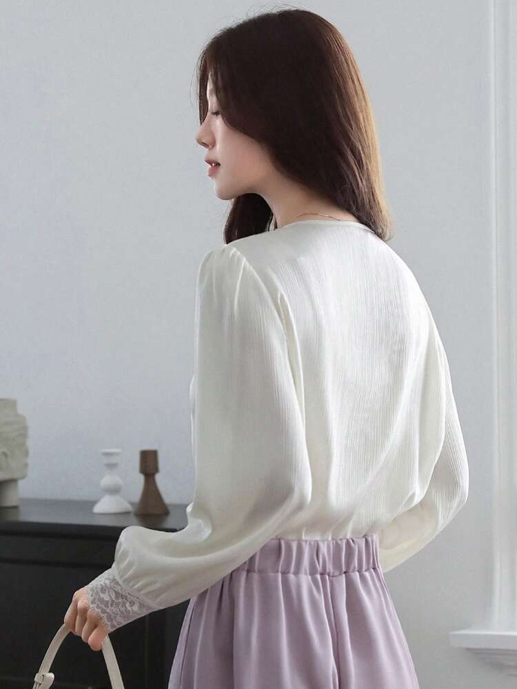 Women's Contrast Lace Loose Long Sleeve V-Neck Tie Up Elegant Holiday Blouse, Summer