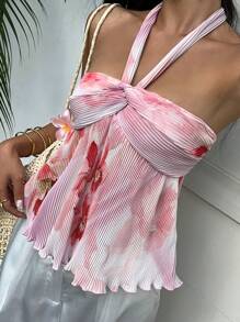 SHEIN EZwear 编织彩色女士夏季挂脖背心，时尚 - 粉色 - 查看 4