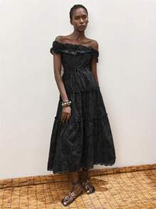 Maija 女式黑色花卉刺绣纹理面料荷叶边露肩松紧腰 A 字长裙，时尚优雅波西米亚风夏季海滩度假长裙 - 黑色 - 查看 5