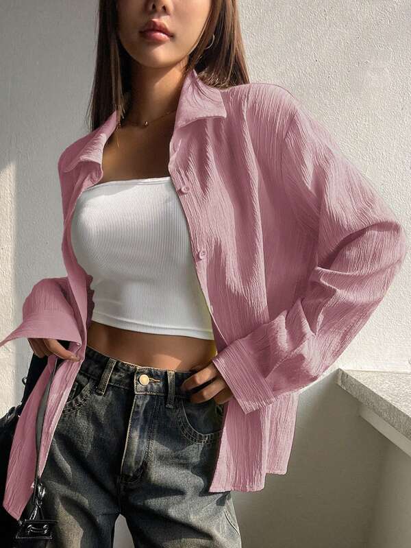 DAZY Women Solid Color Loose Casual Long Sleeve Shirt,Fall Clothes Preppy Tops