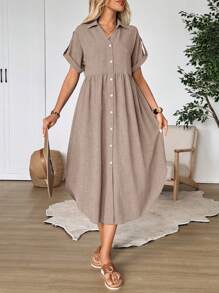 EMERY ROSE Women's Solid Color Cuffed Sleeve Single Breasted Casual Shirt Midi Dress,Shirt Dresses For Women