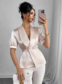 SHEIN Clasi Blus Elegan Wanita Warna Polos dengan Kerah Berkerut dan Lengan Pendek Mengembang - Aprikot - View 6