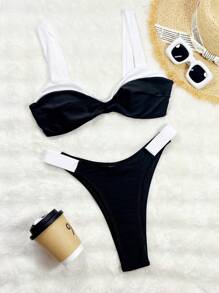 SHEIN Swim 2pcs/Set Women's Sexy Beach Bikini Set, Black & White Fabric Patchwork, Ruched Front, Thick Strap, Swimwear For Summer Beach Vacation