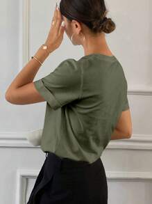 Livesso 女士纯色短袖T恤，适合夏季的时尚 - 軍綠色 - 查看 4