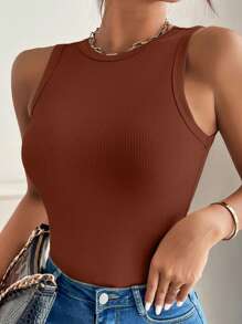 SHEIN VCAY Plus Size Casual Versatile Solid Color Tank Top - Mocha Brown - View 4