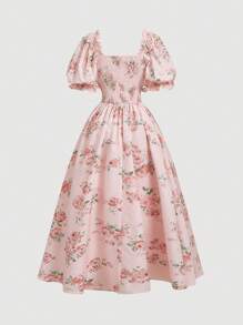SHEIN MOD Vestido elegante de manga abullonada con estampado de longitud media para mujeres