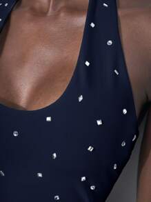 Maija 女士海军蓝U领水钻装饰简约时尚修身上衣，休闲日常、商务休闲、度假皆宜 - 藏蓝色 - 查看 7